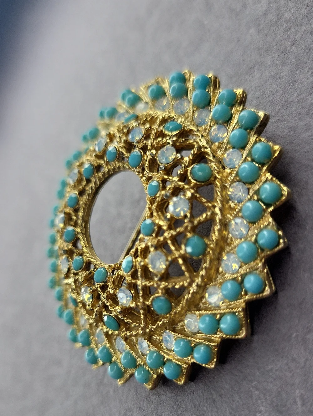 Sarah Coventry Gold-Tone Turquoise & Clear Crystal Round Floral Brooch